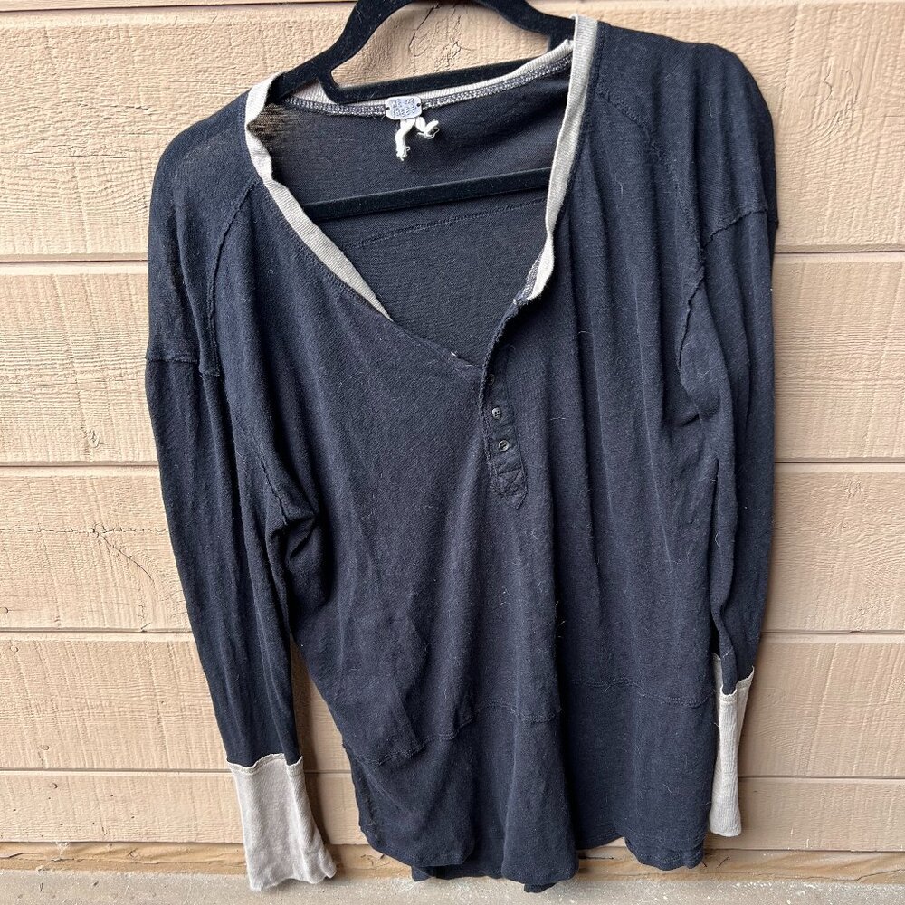Free People Loose Black Long Sleeve Shirt with Brown Accents and Button Detail